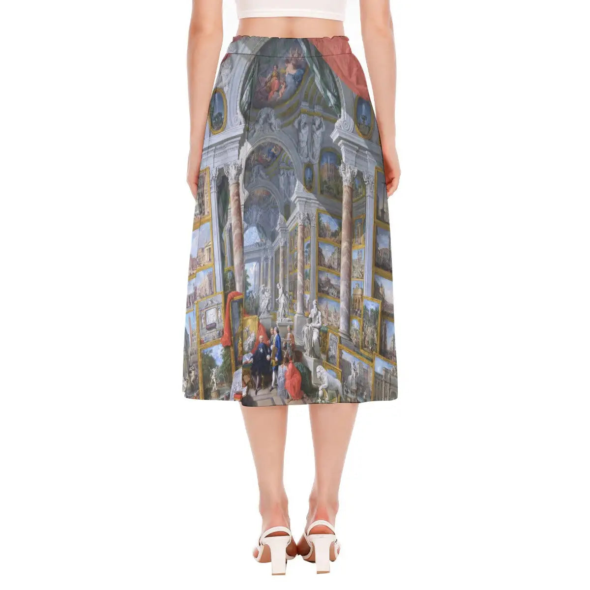 Back view of Giovanni Paolo Panini Skirt displaying continuous wrap-around pattern that captures the entire gallery of Roman views