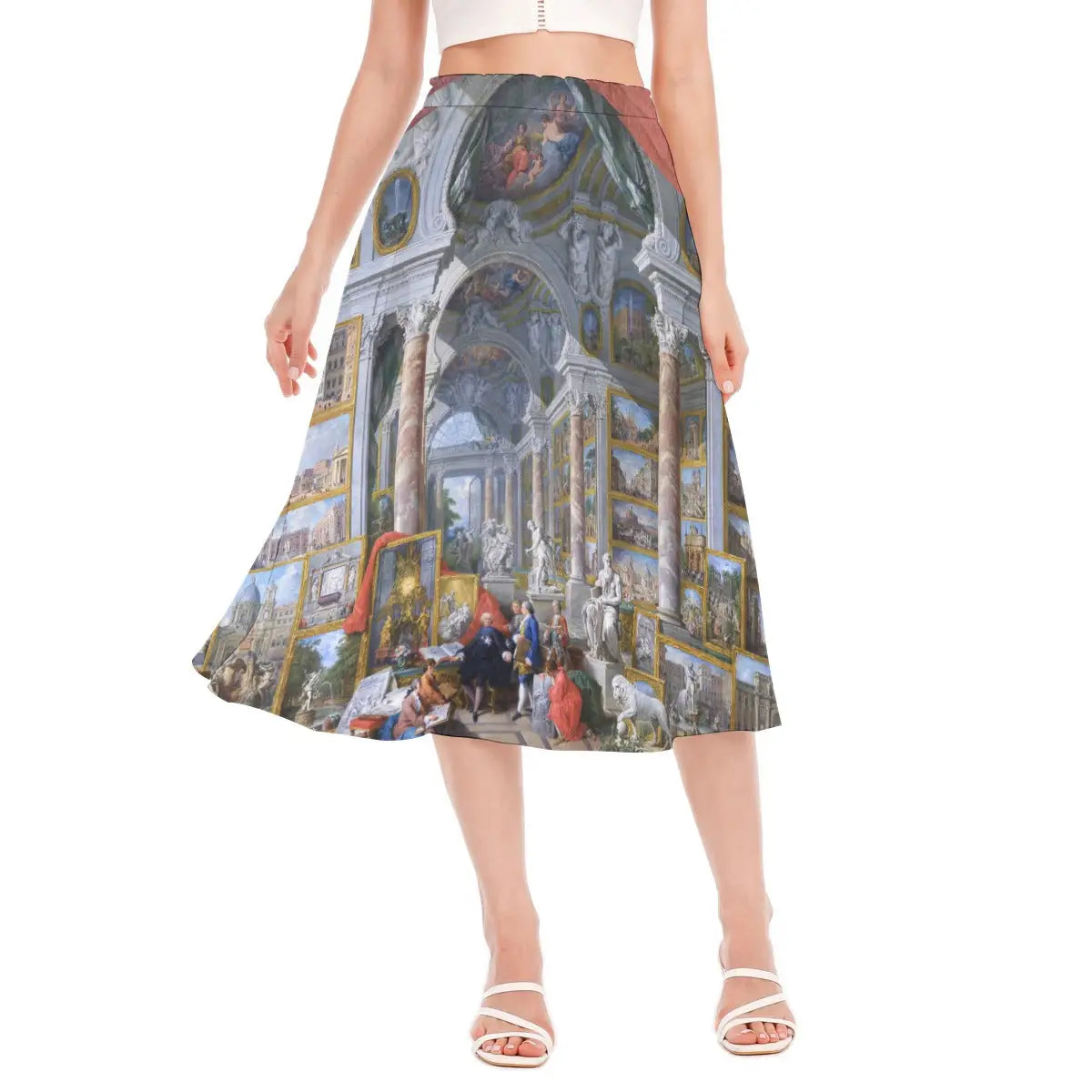 Modern Rome by Giovanni Paolo Panini Chiffon Skirt front view showing detailed gallery scene with multiple Roman landmarks