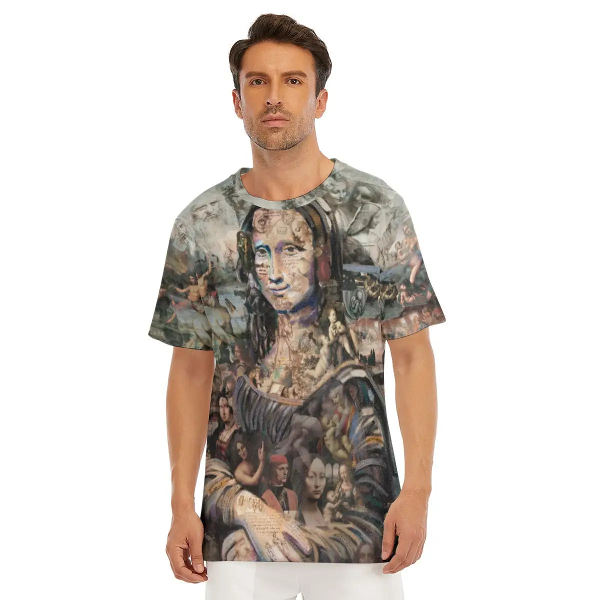 Male model wearing the Mona Lisa Da Vinci Masterpiece All-Over Print T-shirt showcasing the world's most famous portrait with its iconic enigmatic smile and dreamlike landscape background