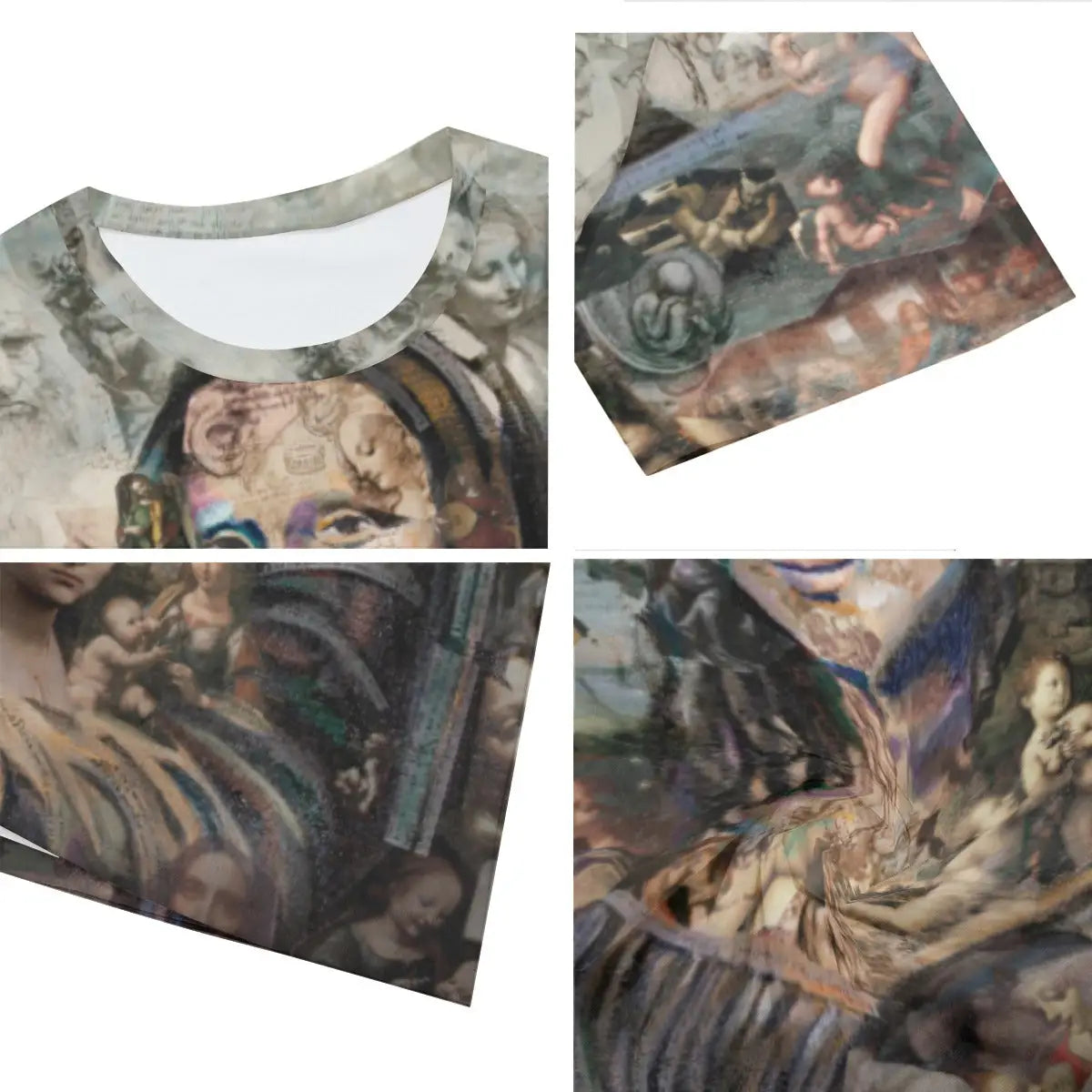 Close-up detail of high-quality printing on 100% cotton Mona Lisa T-shirt, showcasing the subtle sfumato technique, soft gradations of light and shadow, and the mysterious expression that has fascinated viewers for centuries
