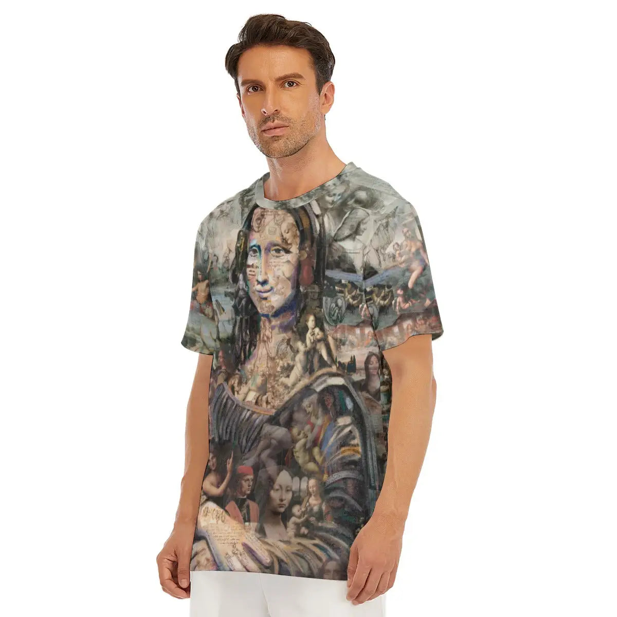 Leonardo Da Vinci T-shirt laid flat, displaying the entire Renaissance masterpiece, premium craftsmanship, and natural texture of the 100% cotton fabric that enhances the artistic quality of the reproduced painting