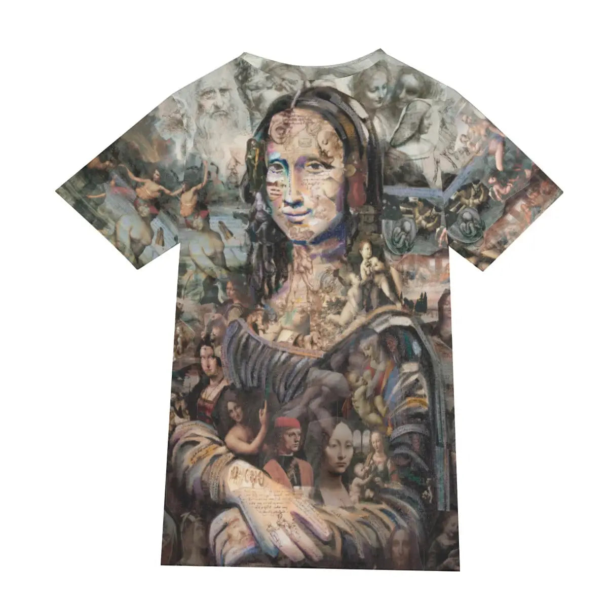 Back view of 190GSM cotton T-shirt showing the continuation of the warm amber tones and atmospheric quality of Leonardo's famous portrait, demonstrating the seamless print quality that captures the full subtlety of the Louvre's most treasured artwork