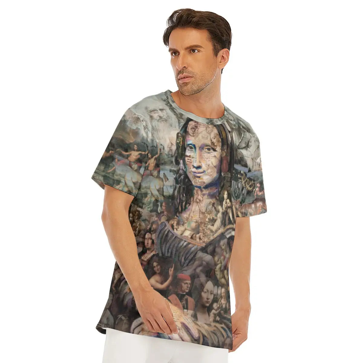 Detail of round neckline and shoulder on the Mona Lisa T-shirt, highlighting how Da Vinci's masterful color palette and refined technique flow naturally across different parts of the premium cotton material