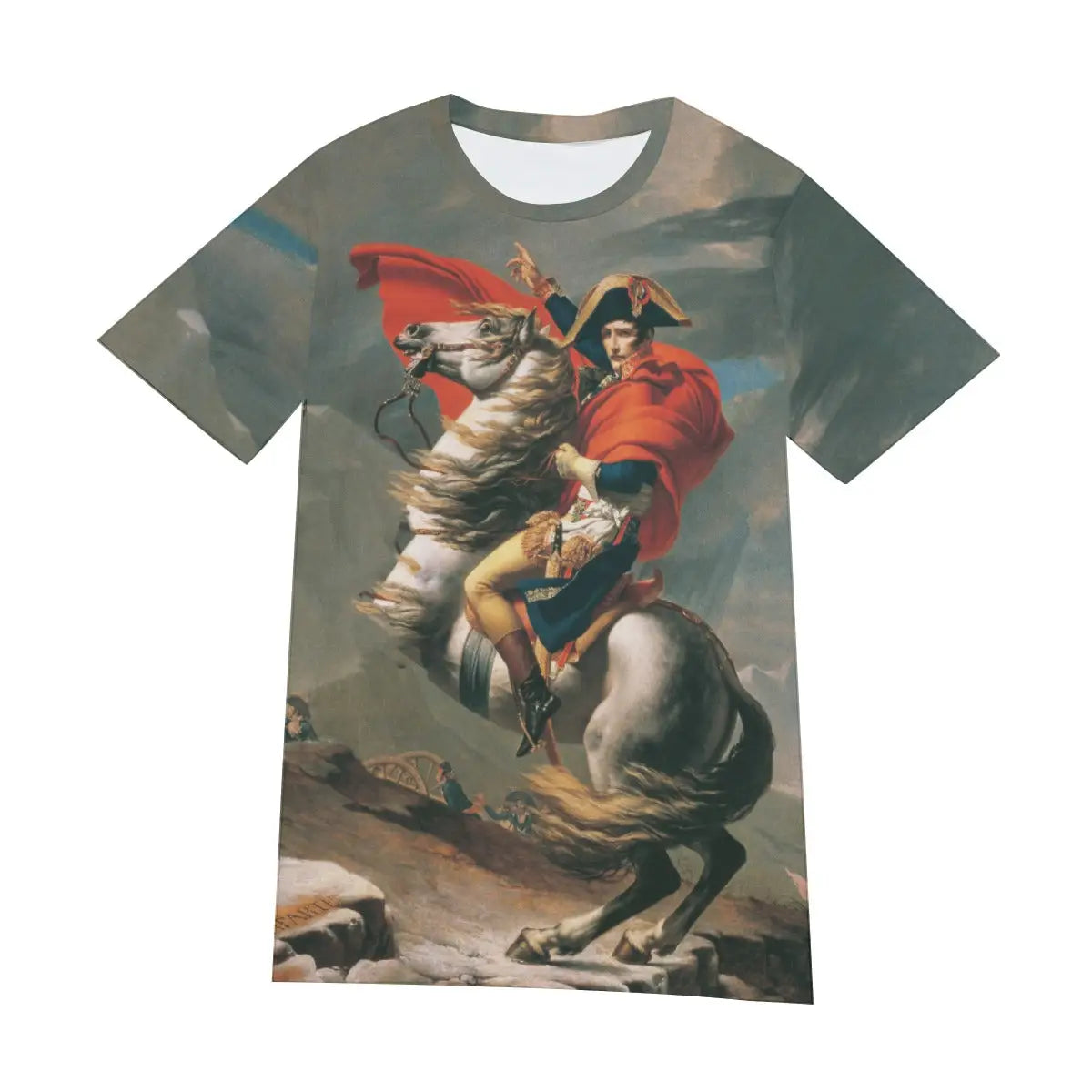 Front view of unisex Neoclassical art T-shirt displaying the complete composition of Napoleon Crossing the Alps, with its dramatic diagonal arrangement and powerful upward momentum creating a commanding visual statement about leadership and ambition