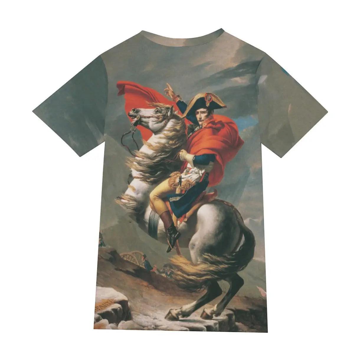 Back view of 190GSM cotton T-shirt showing the continuation of the bold reds, blues, and atmospheric Alpine background of David's revolutionary masterpiece, demonstrating the seamless print quality that captures the full heroic impact of this influential artwork