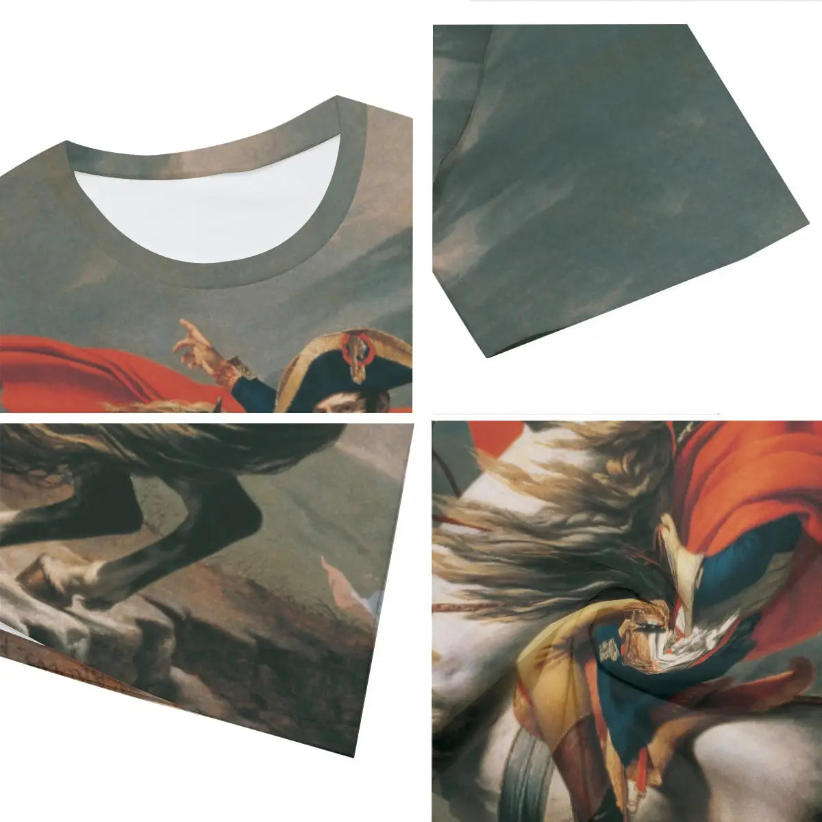 Close-up detail of high-quality printing on 100% cotton Napoleon T-shirt, showcasing the meticulous reproduction of David's precise technique in rendering the billowing cape, military uniform details, and the fiery expression of both rider and horse