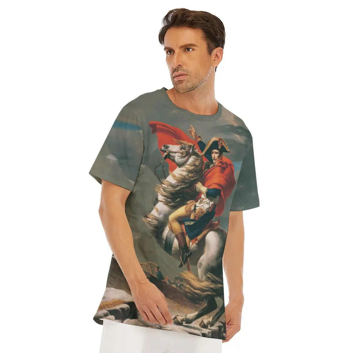 Jacques-Louis David T-shirt laid flat, displaying the entire Neoclassical masterpiece, premium craftsmanship, and natural texture of the 100% cotton fabric that enhances the commanding quality of the reproduced equestrian portrait