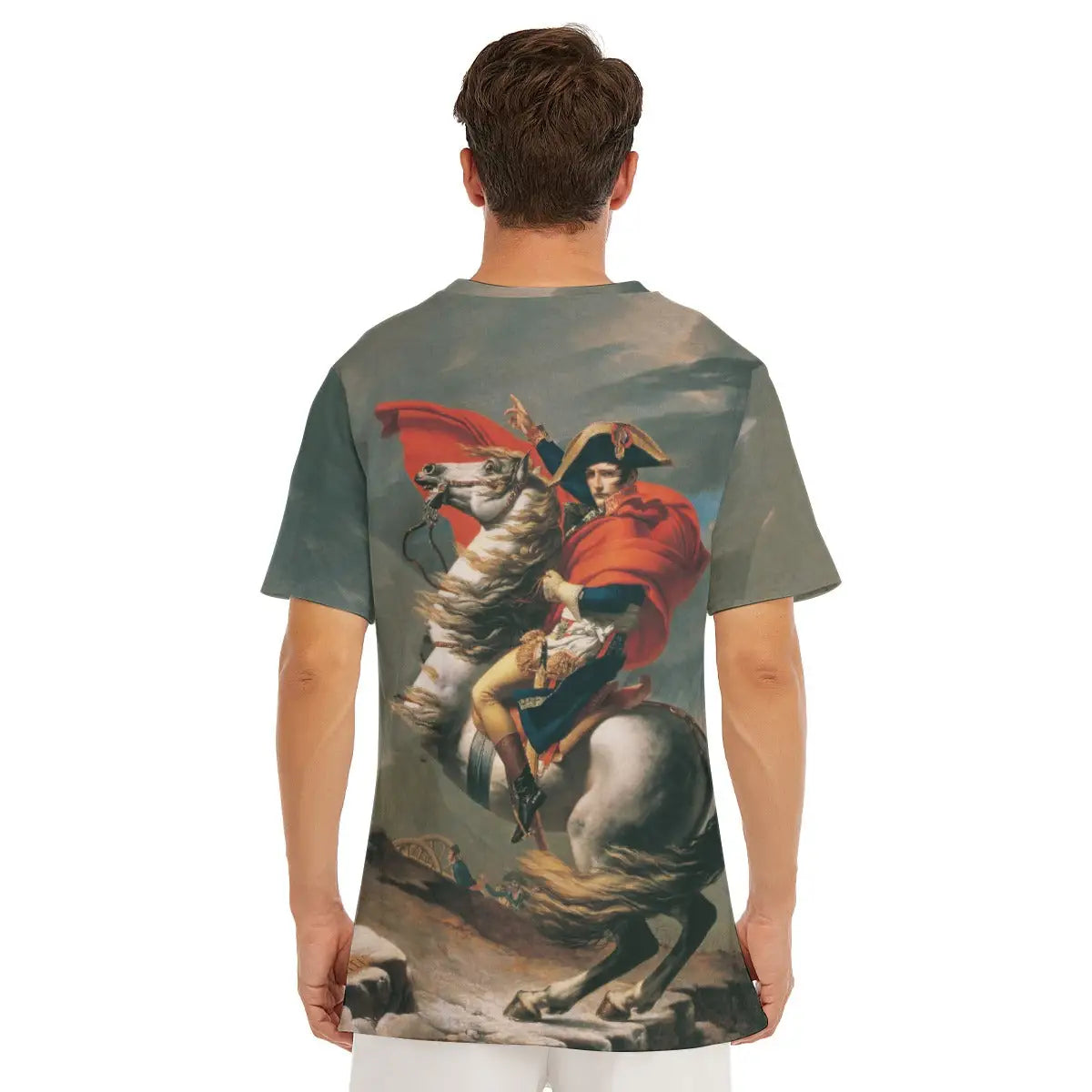 T-shirt featuring David's iconic Napoleon Crossing the Alps masterpiece, highlighting the classic round neckline and how the heroic Neoclassical image creates a bold contemporary fashion statement