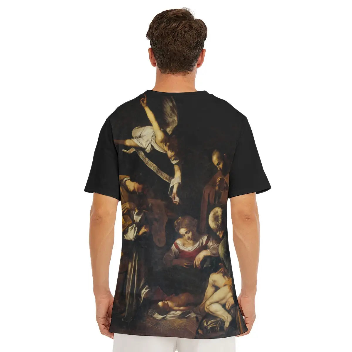Premium 190GSM cotton T-shirt featuring Caravaggio's stolen Nativity masterpiece, highlighting the classic round neckline and how the dramatic interplay of light and shadow.