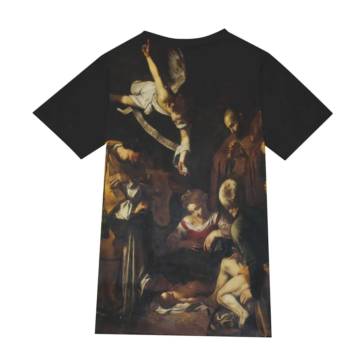 Back view of 190GSM cotton T-shirt showing the continuation of Caravaggio's earthy palette and dramatic lighting effects, demonstrating the seamless 360-degree print quality that captures the full emotional impact of this historically significant lost artwork.