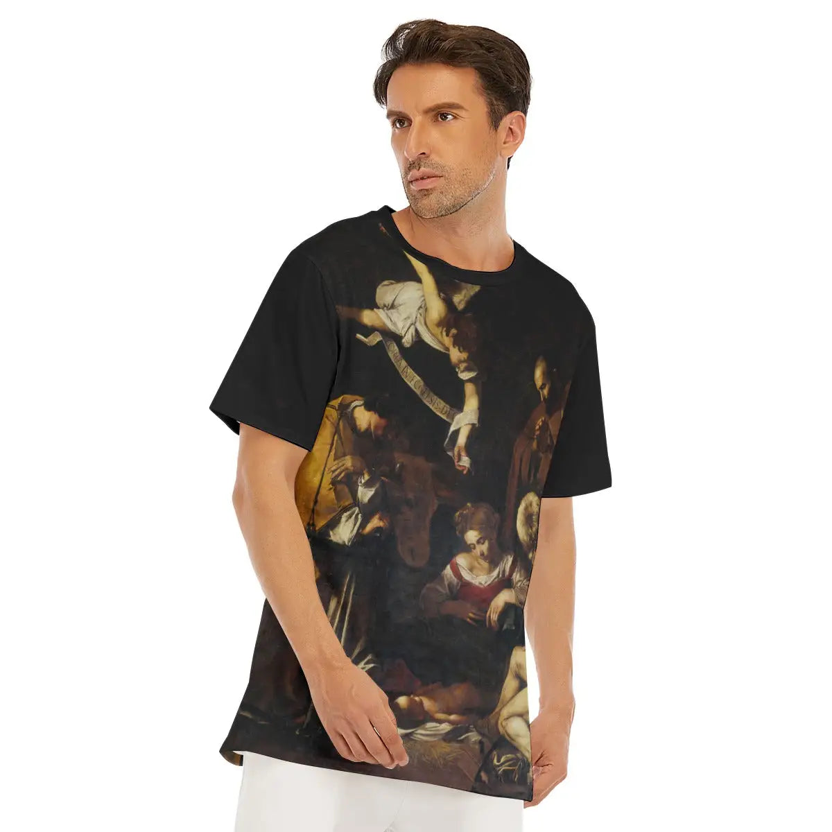 Detail of round neckline and shoulder on the Nativity T-shirt, highlighting how Caravaggio's distinctive chiaroscuro technique and revolutionary approach to sacred subjects flow naturally across different parts of the premium cotton material.