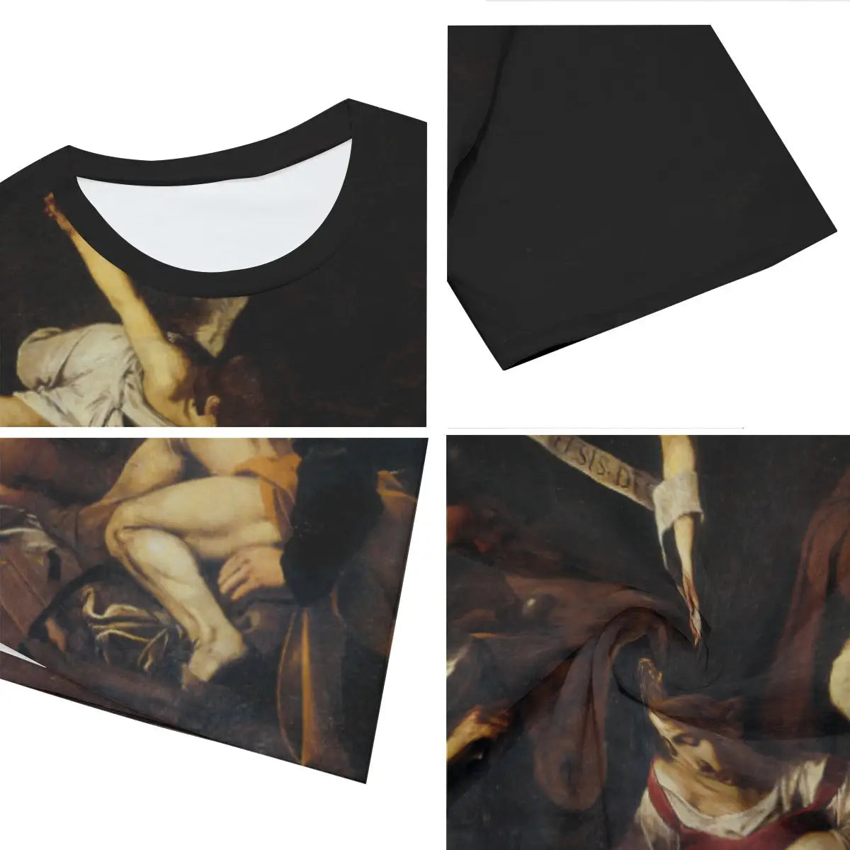 Close-up detail of high-quality printing on 100% cotton Nativity T-shirt, showcasing the meticulous reproduction of Caravaggio's revolutionary technique with the divine light emanating from the Christ Child illuminating the faces of the surrounding figures.