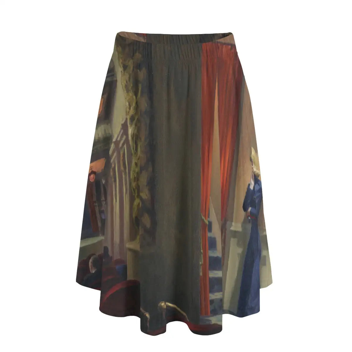Woman wearing Edward Hopper's New York Movie long maxi skirt showing the contemplative theater scene against simple navy blouse