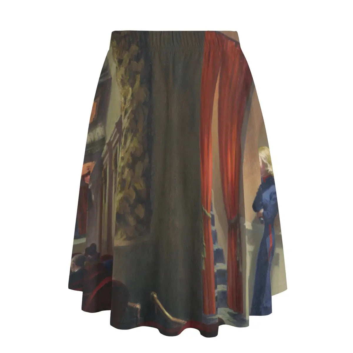 Back view of cinema-inspired maxi skirt showing how the nostalgic scene wraps thoughtfully around the garment