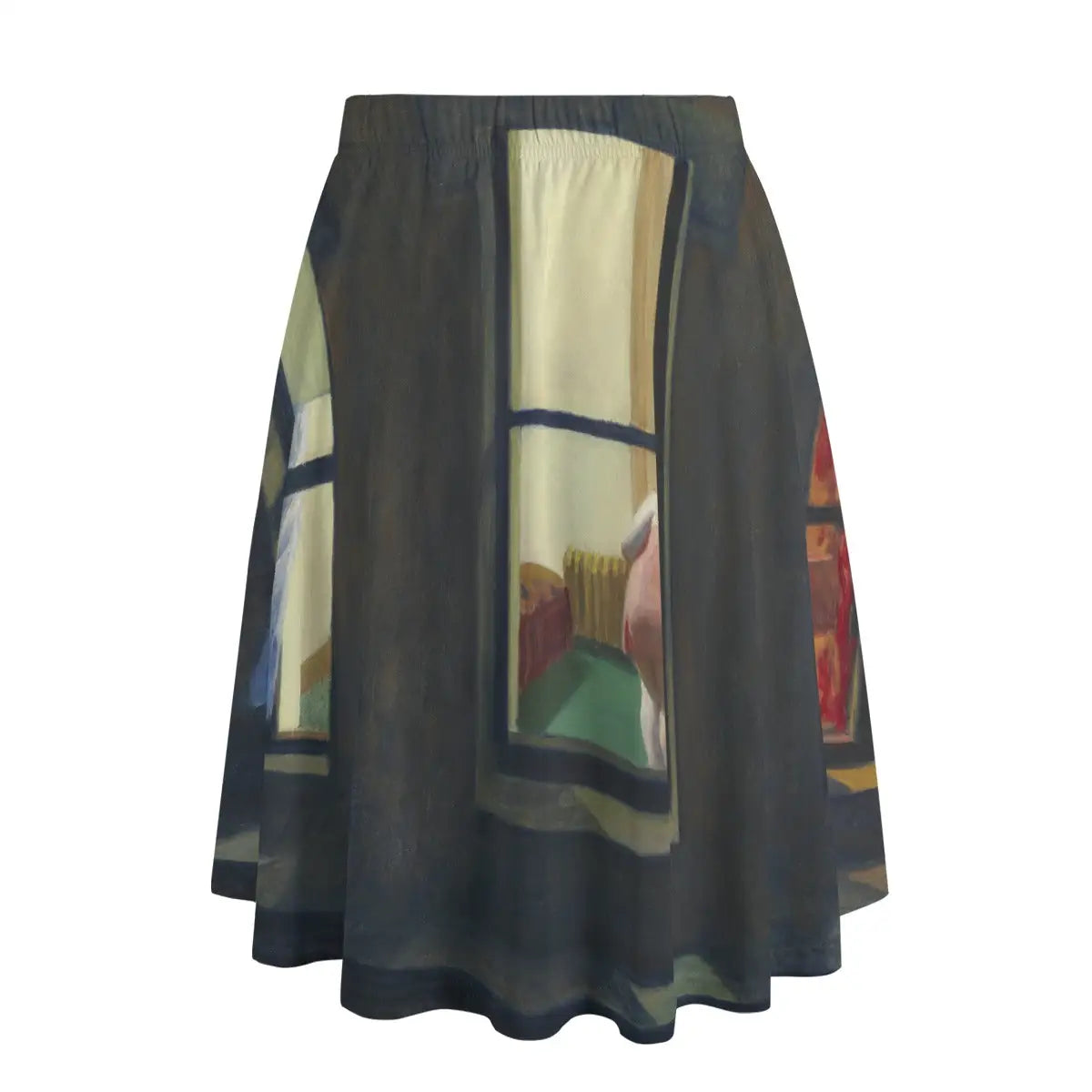 Back view of city-inspired maxi skirt showing how the mysterious scene wraps atmospherically around the garment