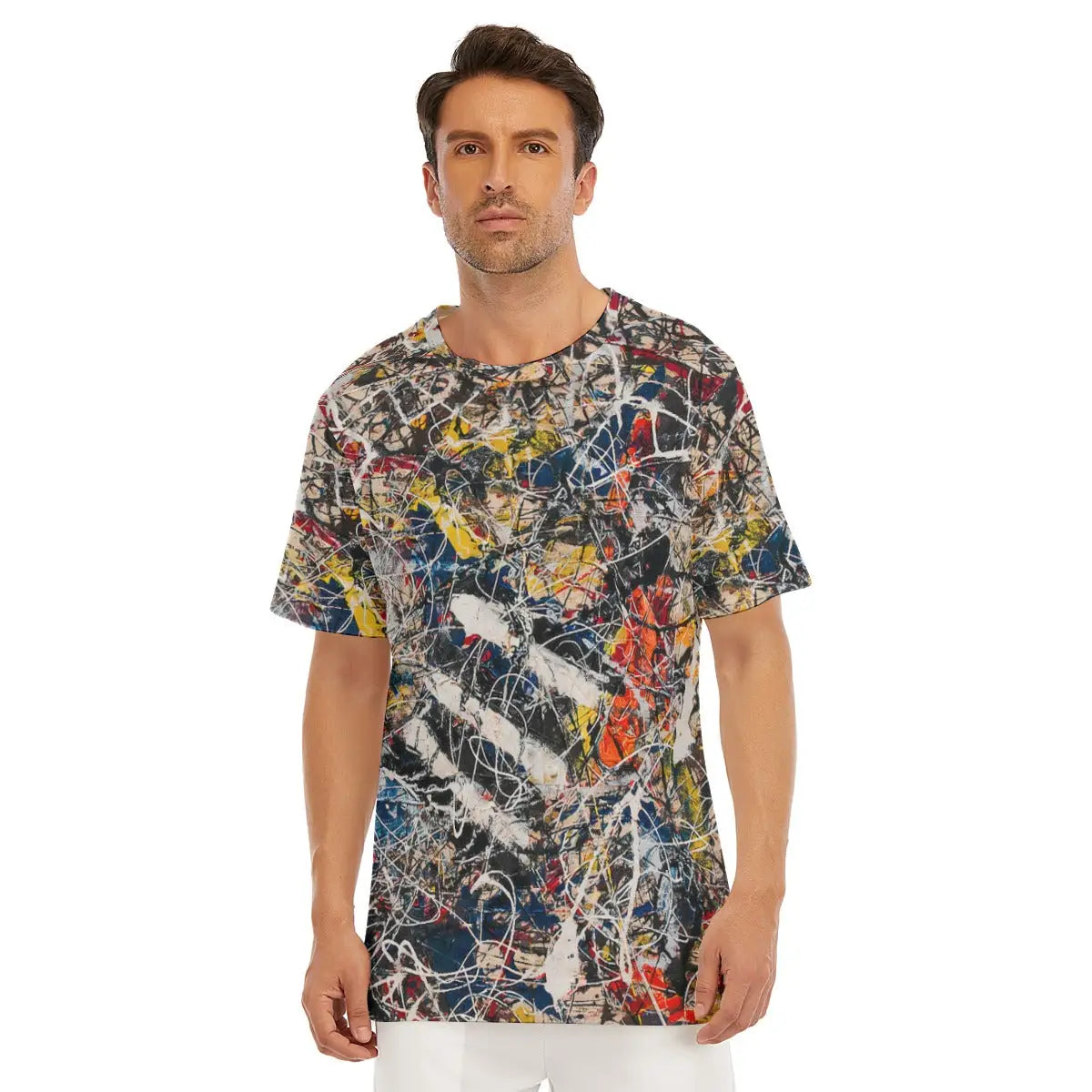 Male model wearing the Number 17A by Jackson Pollock All-Over Print T-shirt showcasing the dynamic drips and splatters of vibrant orange, yellow, blue, and gray paint from the iconic 1948 abstract expressionist masterpiece