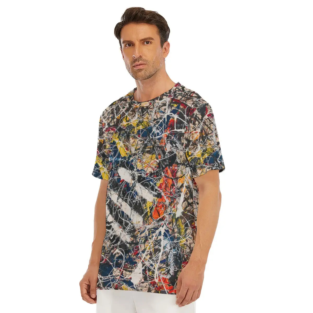 Jackson Pollock T-shirt laid flat, displaying the entire abstract expressionist artwork, premium craftsmanship, and natural texture of the 100% cotton fabric that enhances the tactile quality of the reproduced painting