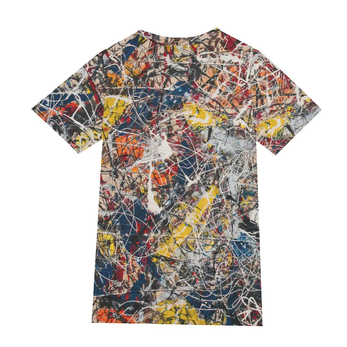 Back view of 190GSM cotton T-shirt showing the continuation of Pollock's kinetic composition, demonstrating the seamless 360-degree print quality that captures the full complexity of the abstract expressionist masterpiece
