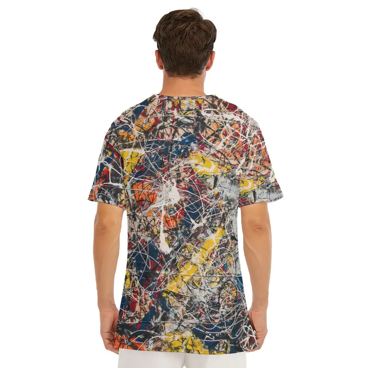 Model in premium 190GSM cotton T-shirt featuring Jackson Pollock's revolutionary Number 17A artwork, highlighting the classic round neckline and how the energetic composition flows across the garment