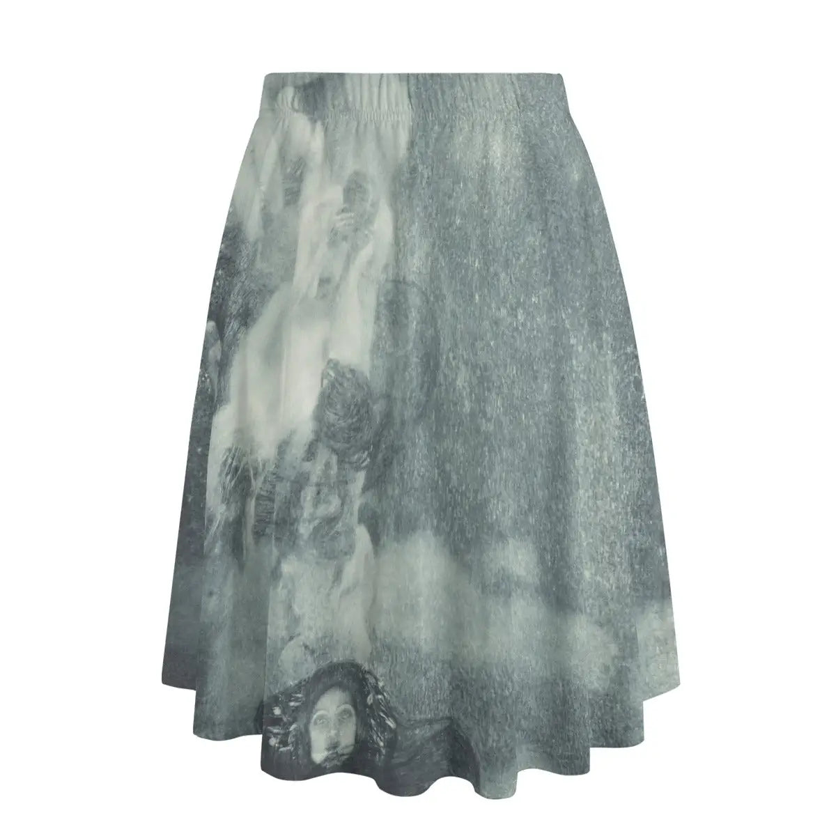 Back view of intellectual allegory-inspired maxi skirt showing how the cosmic mystery wraps thoughtfully around the garment