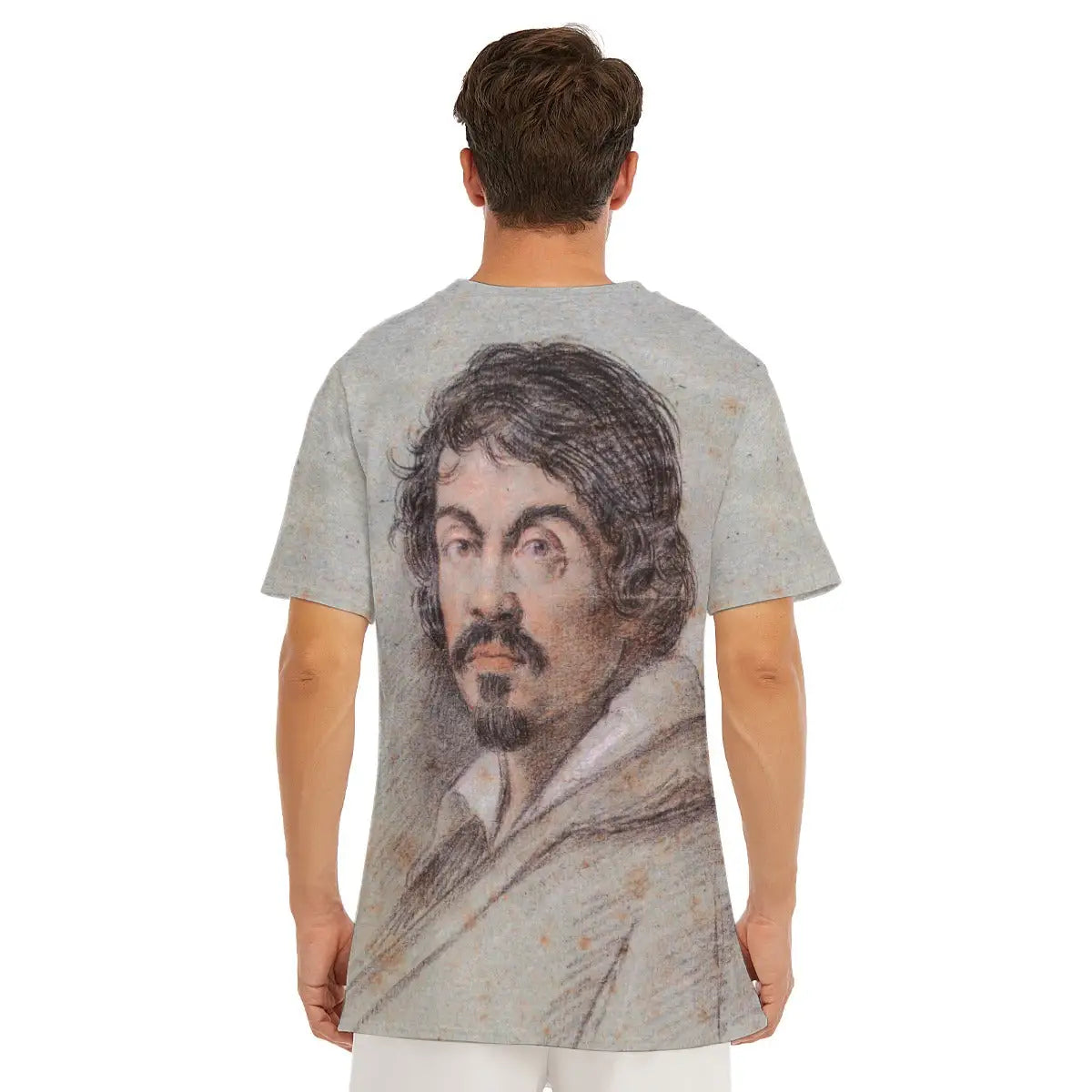 Portrait of Caravaggio All-Over Print T-shirt showcasing the Baroque master's intense self-portrait with its characteristic dramatic chiaroscuro lighting and psychological depth.