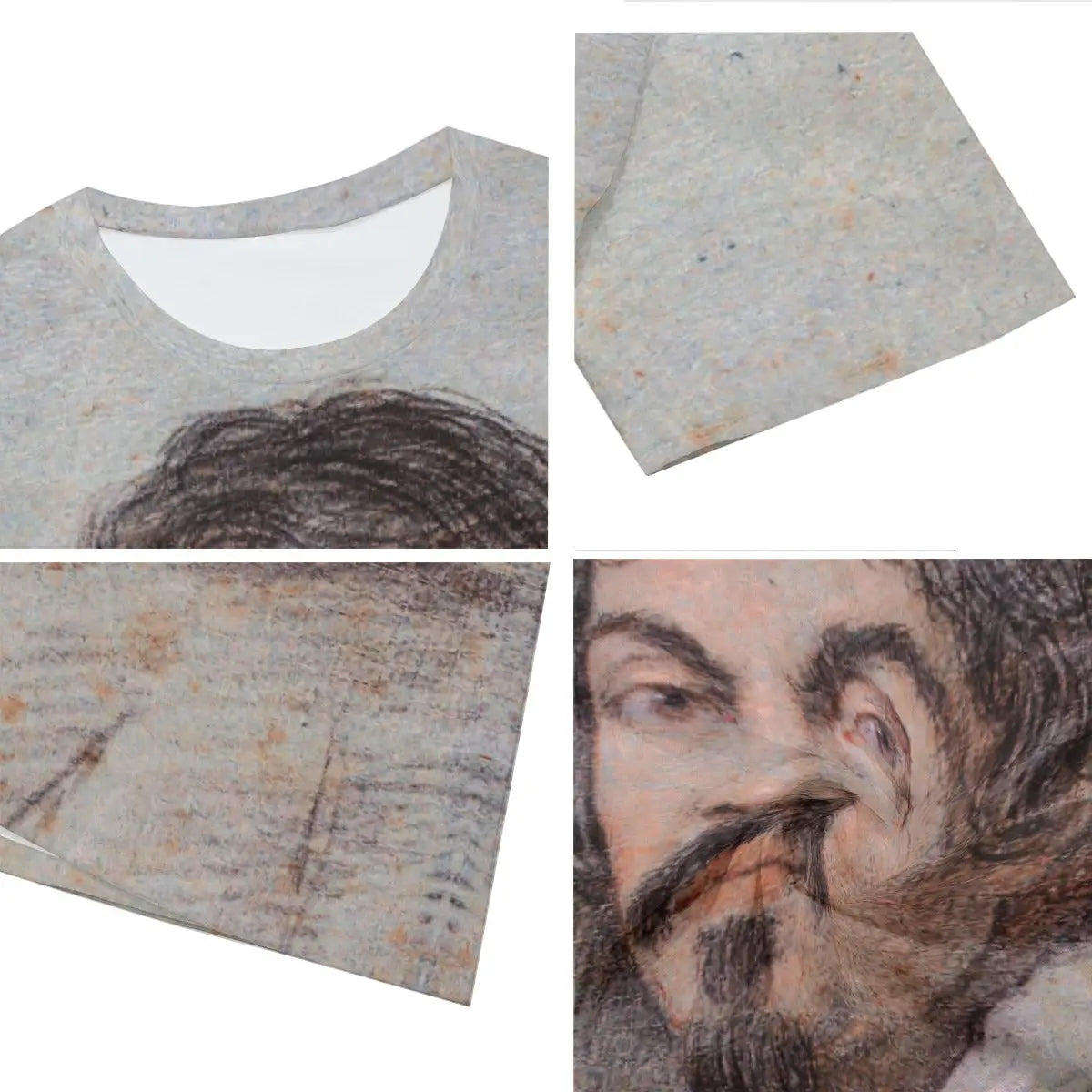 Close-up detail of high-quality printing on 100% cotton Portrait of Caravaggio T-shirt, showcasing the meticulous reproduction of the artist's revolutionary tenebrism technique and the penetrating gaze that characterized his self-representations.