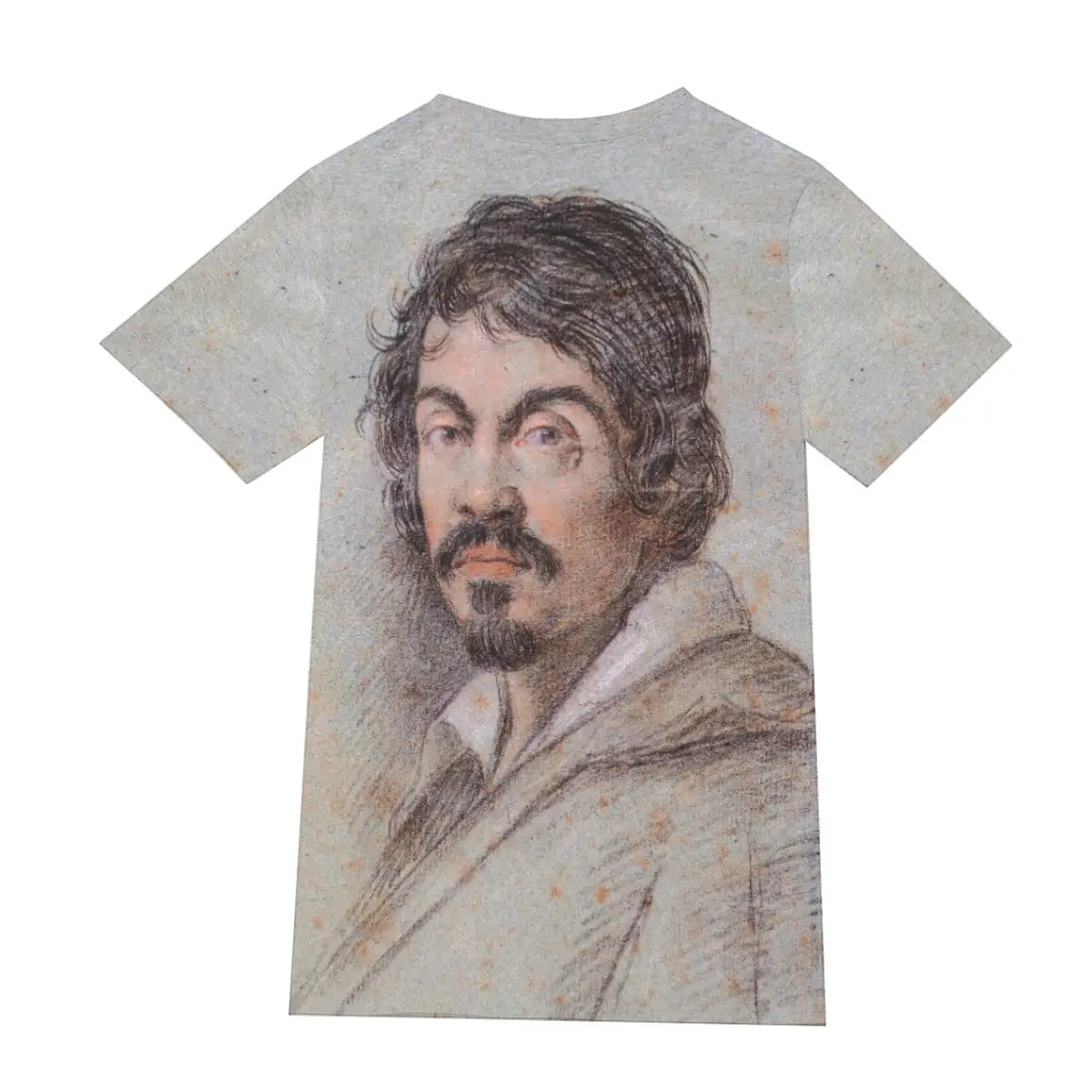 Back view of 190GSM cotton T-shirt showing the continuation of Caravaggio's dramatic contrasts of light and shadow, demonstrating the seamless 360-degree print quality that captures the full psychological impact of this Baroque masterpiece.