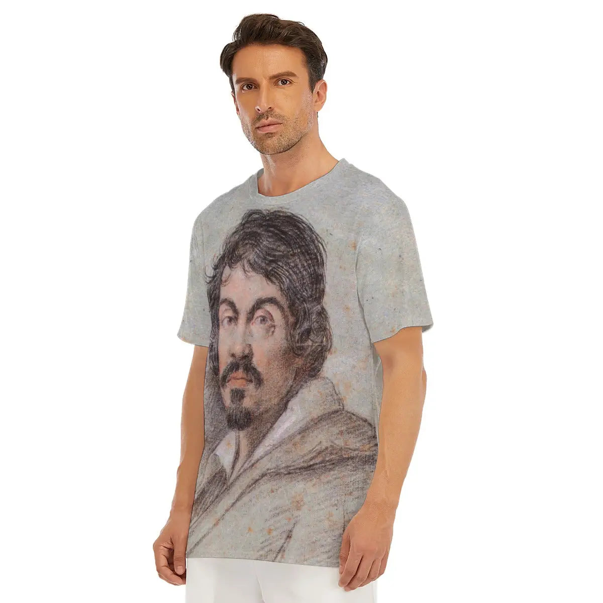 Model wearing the Portrait of Caravaggio T-shirt in a museum or gallery setting, creating a dialogue between 17th-century Baroque art and contemporary fashion while highlighting the breathability and elegant drape of the natural cotton garment that brings this revolutionary artist's troubled genius into modern expression.