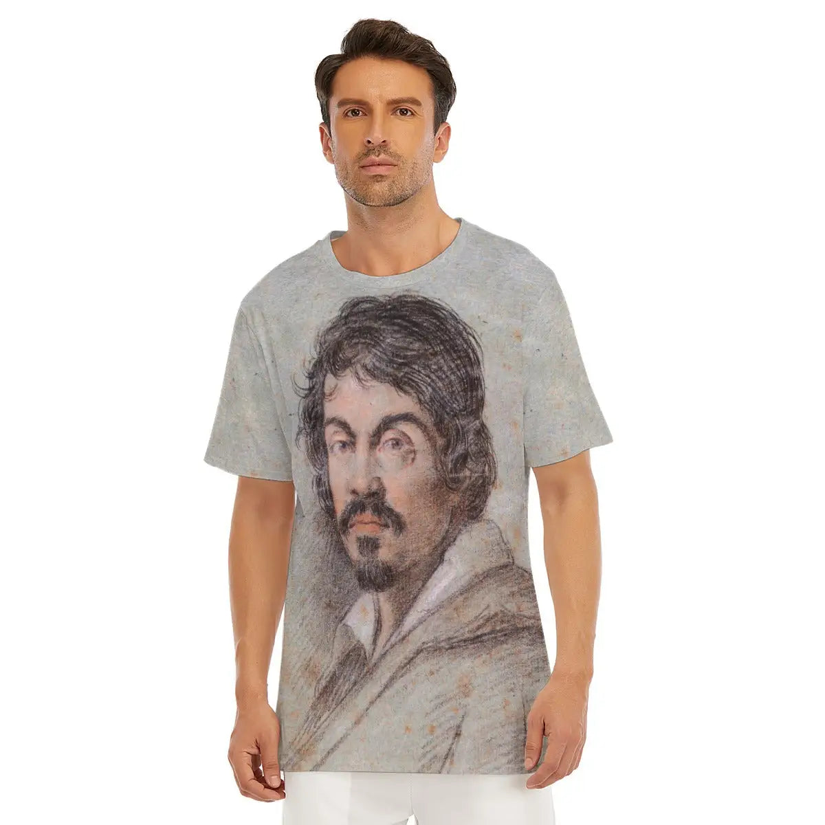 Model in premium 190GSM cotton T-shirt featuring Caravaggio's compelling self-portrait, highlighting the classic round neckline and how the stark contrasts of light and shadow create a powerful fashion statement.