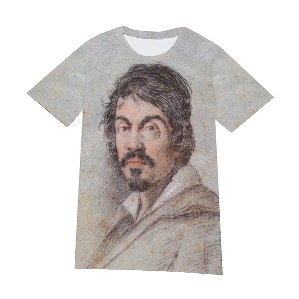 Front view of unisex Baroque art T-shirt displaying the complete composition of Caravaggio's self-portrait, with its unflinching naturalism and emotional intensity creating a sophisticated visual statement about artistic innovation.