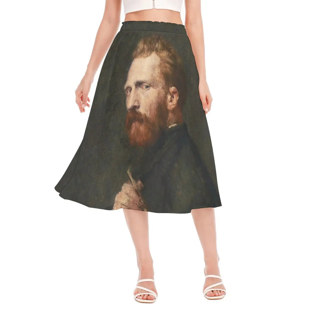 Woman wearing Portrait of Vincent van Gogh by John Russell recycled polyester chiffon skirt with the compelling 1886 likeness clearly visible against natural light.