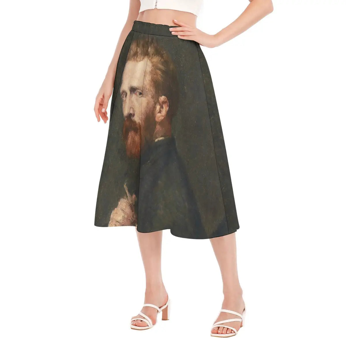 Detail shot of comfortable elastic waistband on the Portrait of Vincent van Gogh skirt made from recycled polyester, showing the quality construction and smooth transition to the printed fabric.