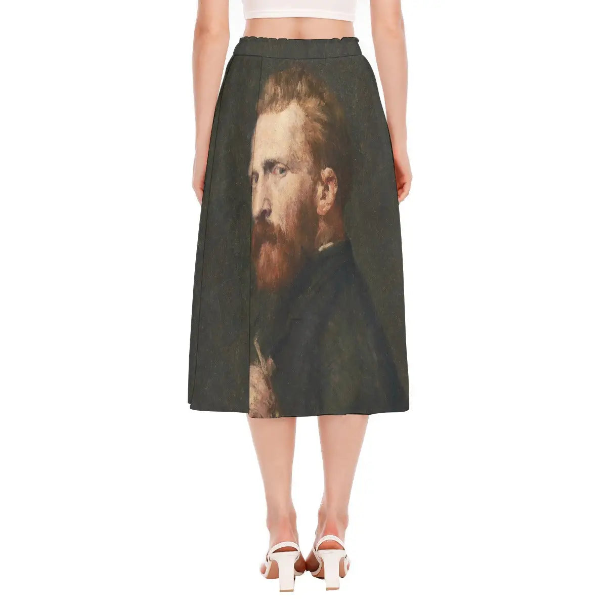 Back view of eco-conscious artistic skirt featuring Russell's compelling portrait showing how the design wraps around the garment creating a continuous connection to art history.