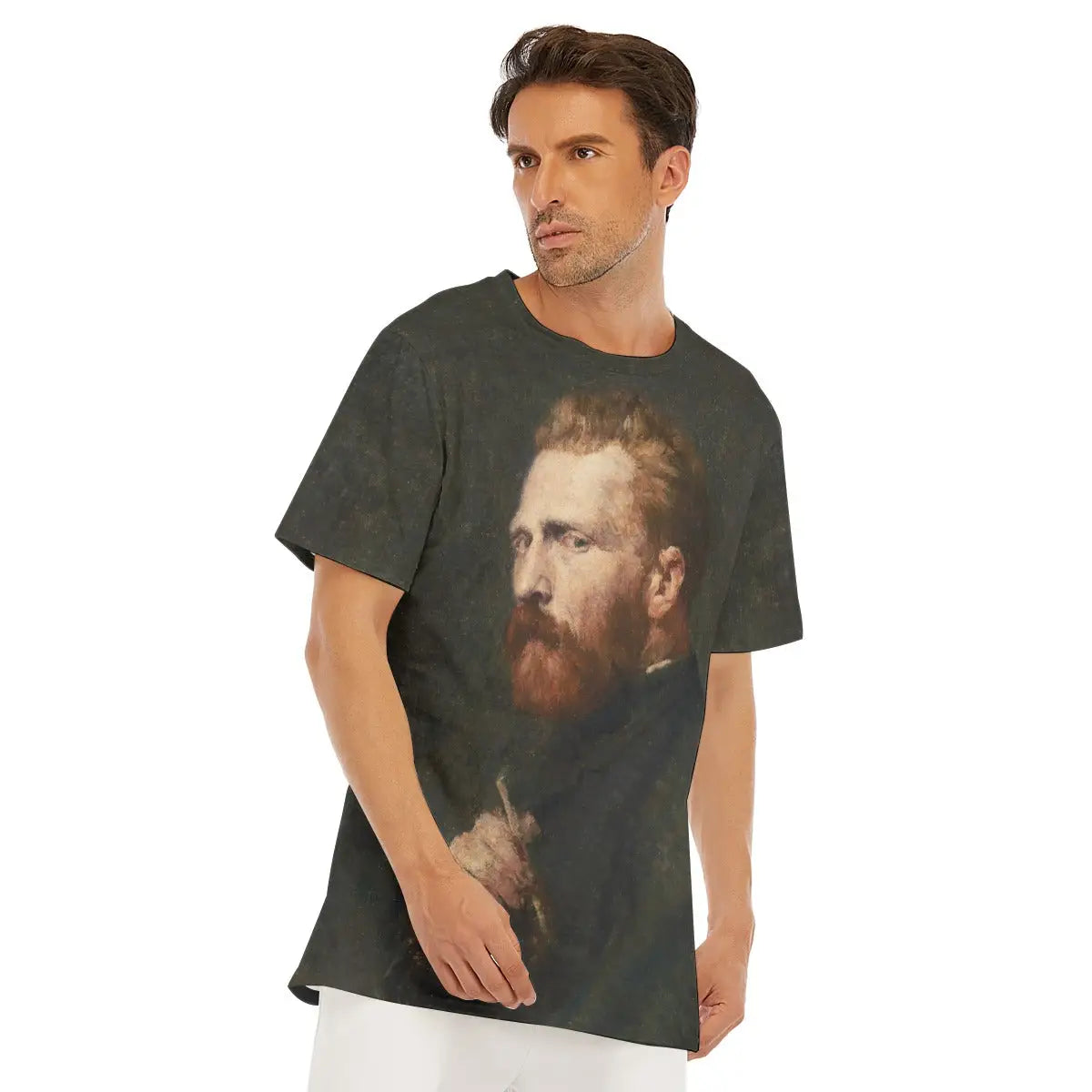 model in premium 190GSM cotton T-shirt featuring John Russell's iconic portrayal of Vincent van Gogh with his penetrating blue eyes and red-orange beard, highlighting the classic round neckline