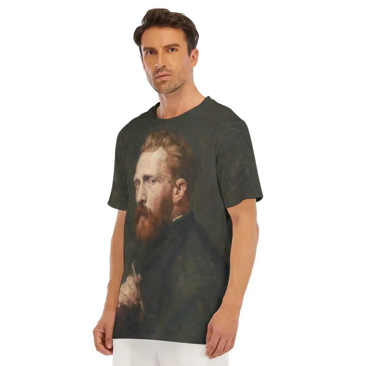 John Russell Portrait of Vincent van Gogh T-shirt laid flat, displaying the entire historical artwork, premium craftsmanship, and natural texture of the 100% cotton fabric