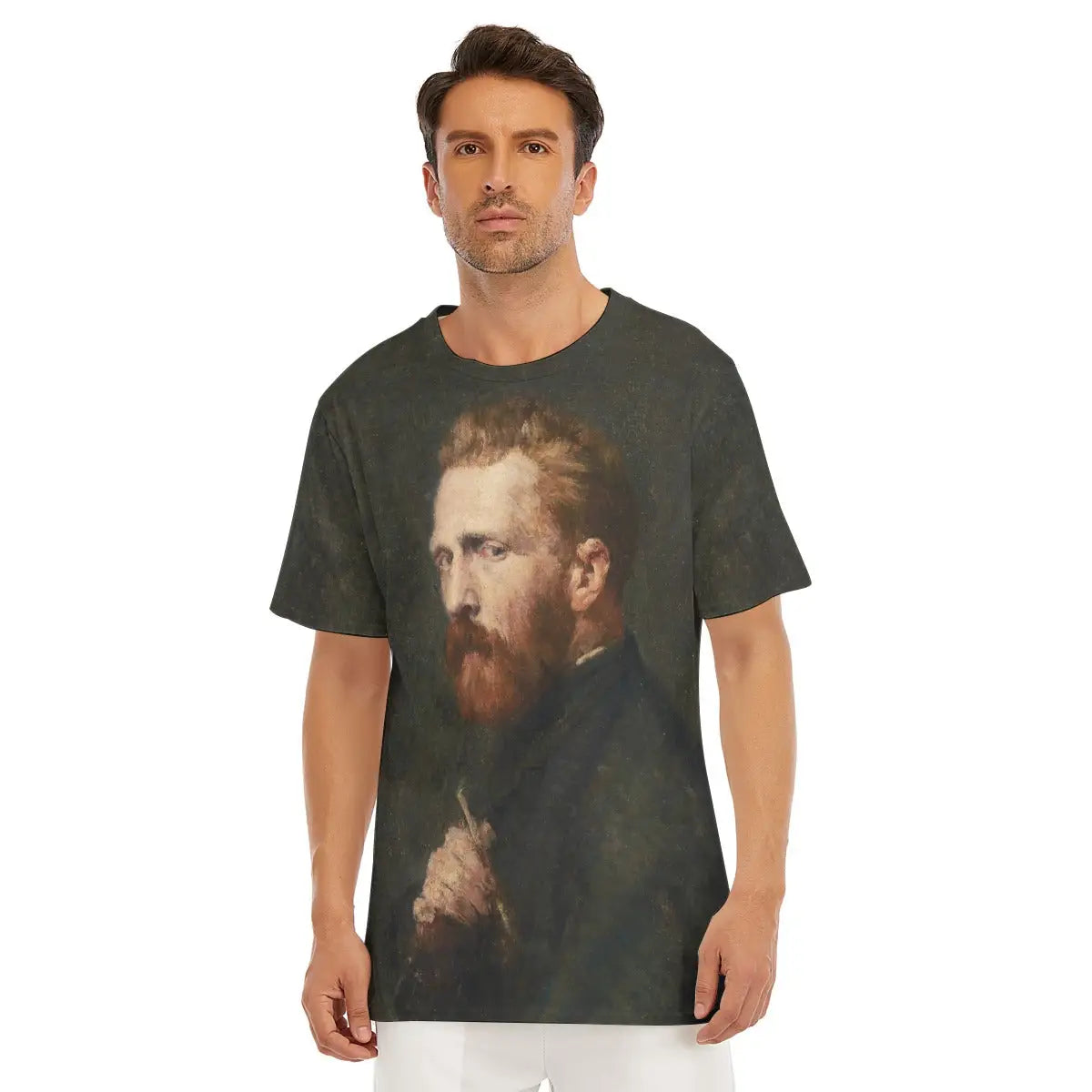 Male model wearing the John Russell Portrait of Vincent van Gogh All-Over Print T-shirt showcasing the detailed facial features and distinctive blue background of the 1886 artwork