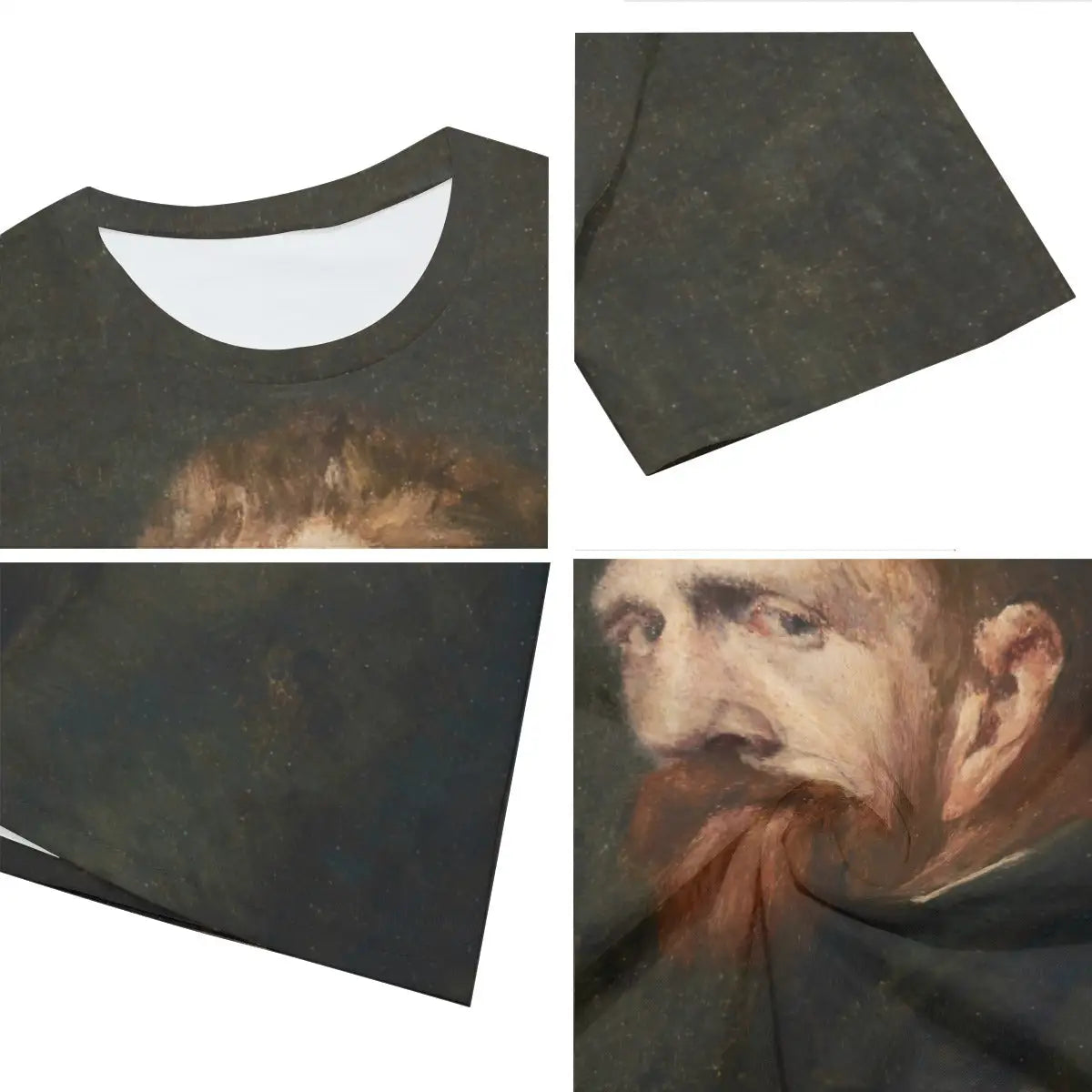 Close-up detail of high-quality printing on 100% cotton T-shirt showing Russell's impressionist brushwork in his portrait of Van Gogh, demonstrating the faithful reproduction on eco-friendly material