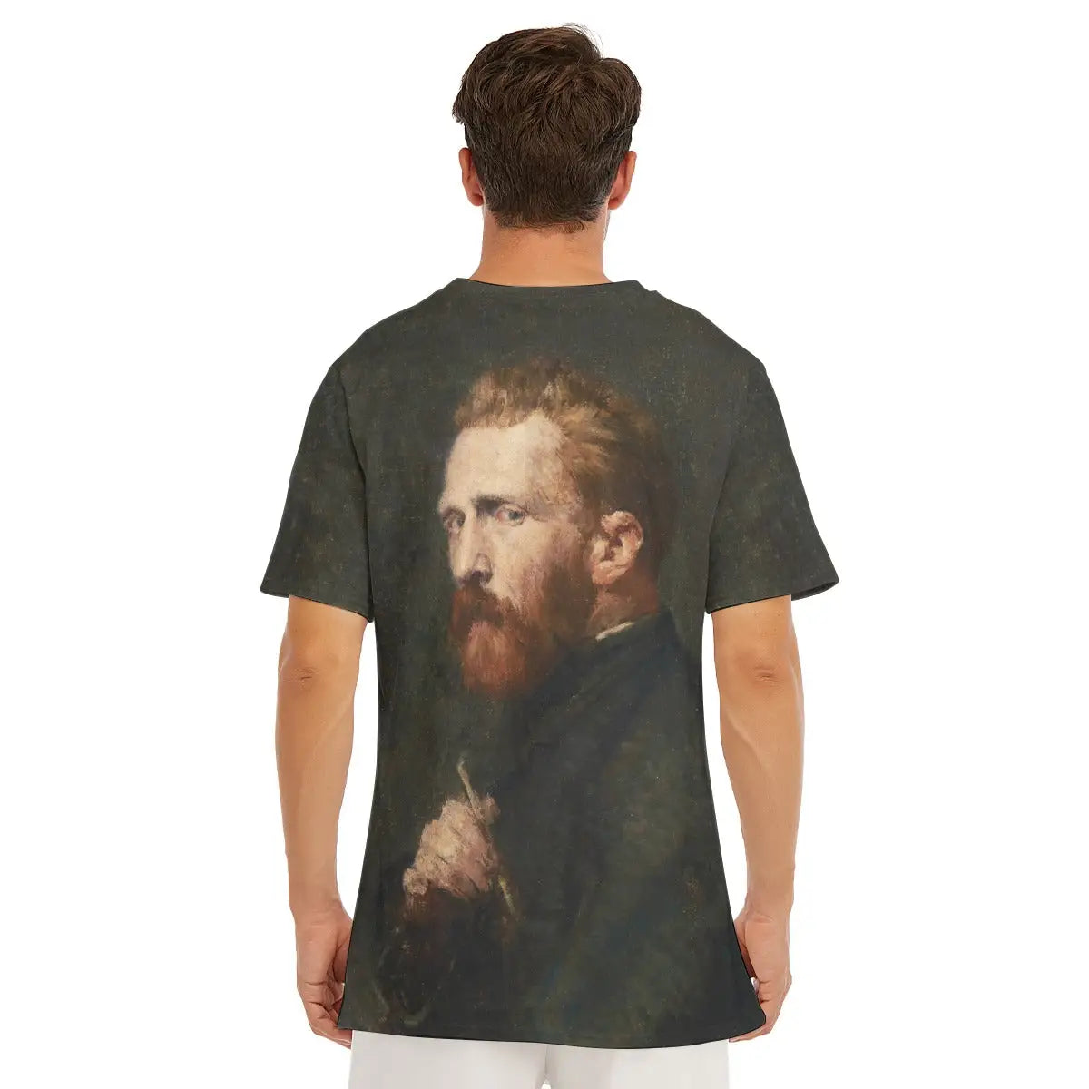 Detail of round neckline and shoulder on the Portrait of Vincent van Gogh T-shirt, highlighting how Russell's color palette and brushwork seamlessly extend across different parts of the premium cotton material