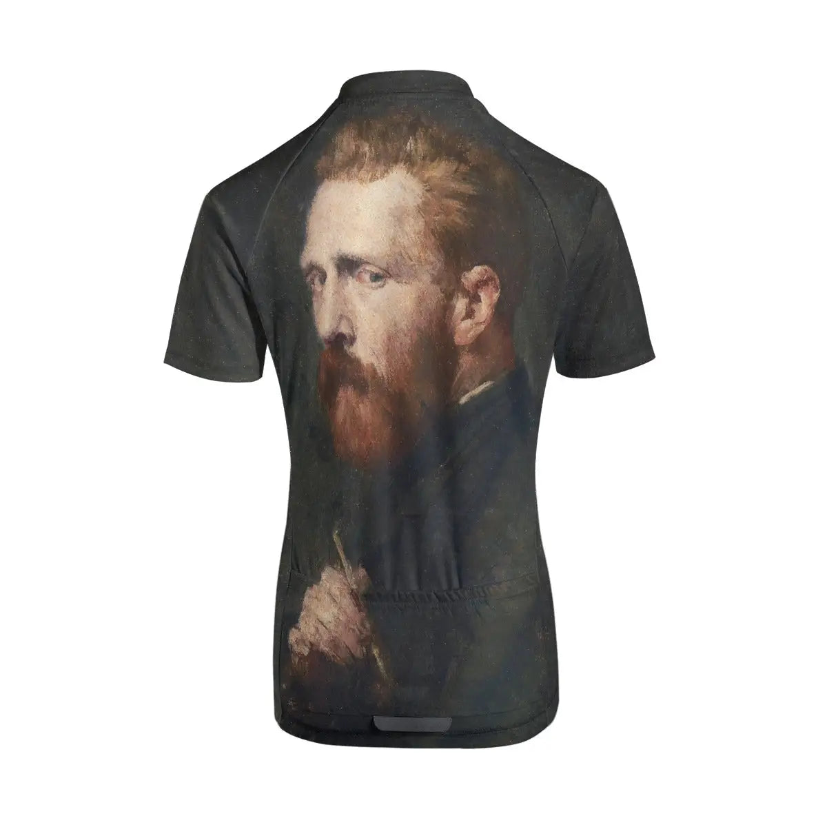 Detailed view of John Russell's 1886 portrait of Vincent van Gogh featured on women's cycling jersey