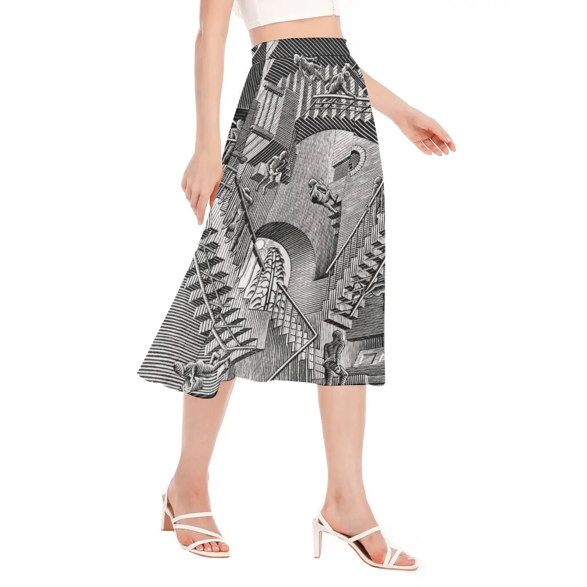 Close-up view of Escher's Relativity artwork printed on sustainable chiffon fabric showing the precise details of the interlocking staircases and small figures.