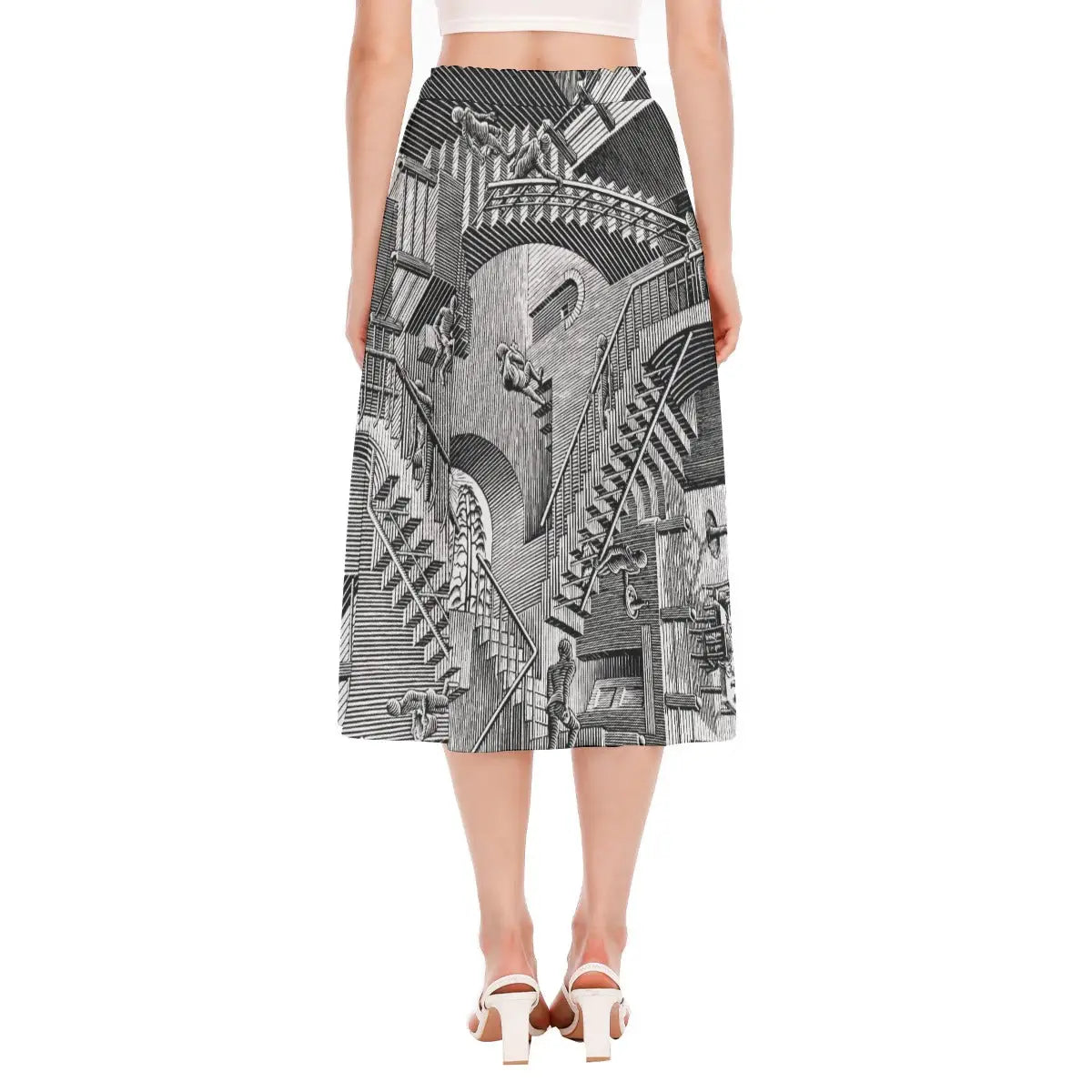 Side view of sustainable art skirt with Escher's impossible architecture in motion, demonstrating how the recycled fabric creates movement that enhances the optical illusion effect.