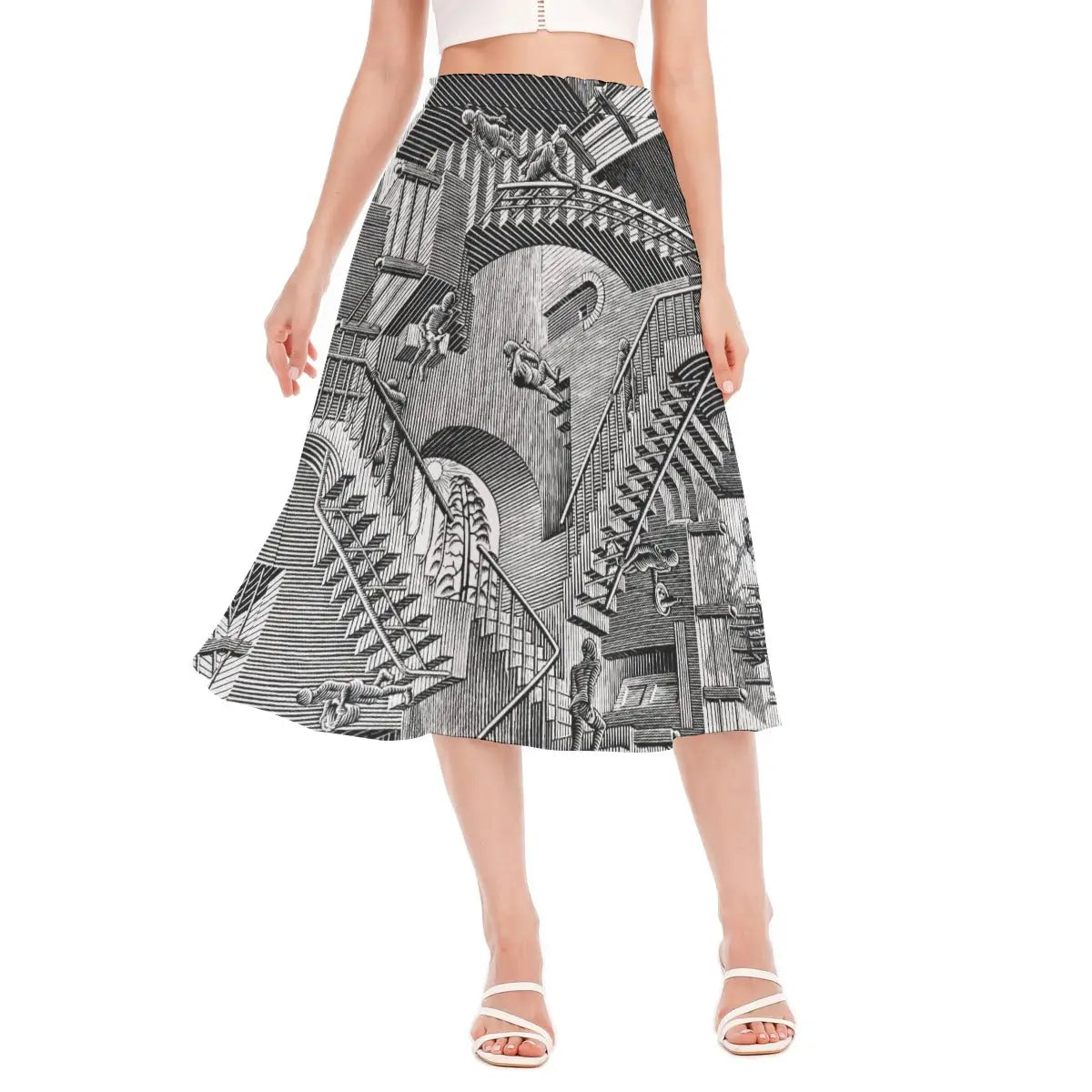 Woman wearing Relativity by M.C. Escher recycled polyester chiffon skirt with the impossible staircase design clearly visible against natural light.
