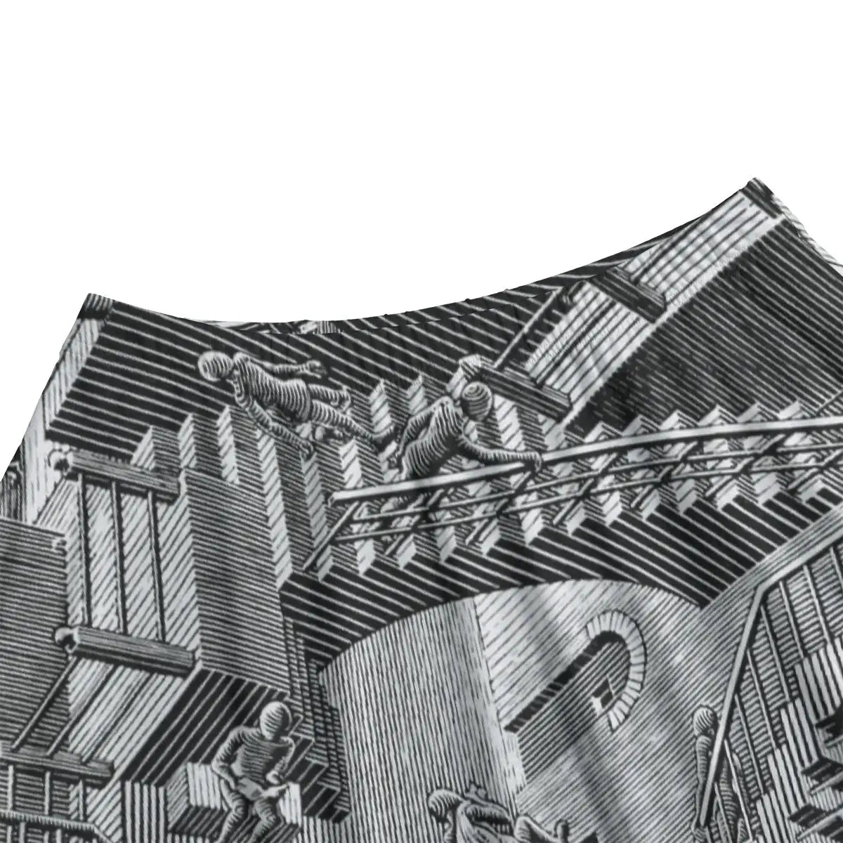 Side view of A-line optical illusion skirt showing dynamic flow of fabric with mathematical architecture visible