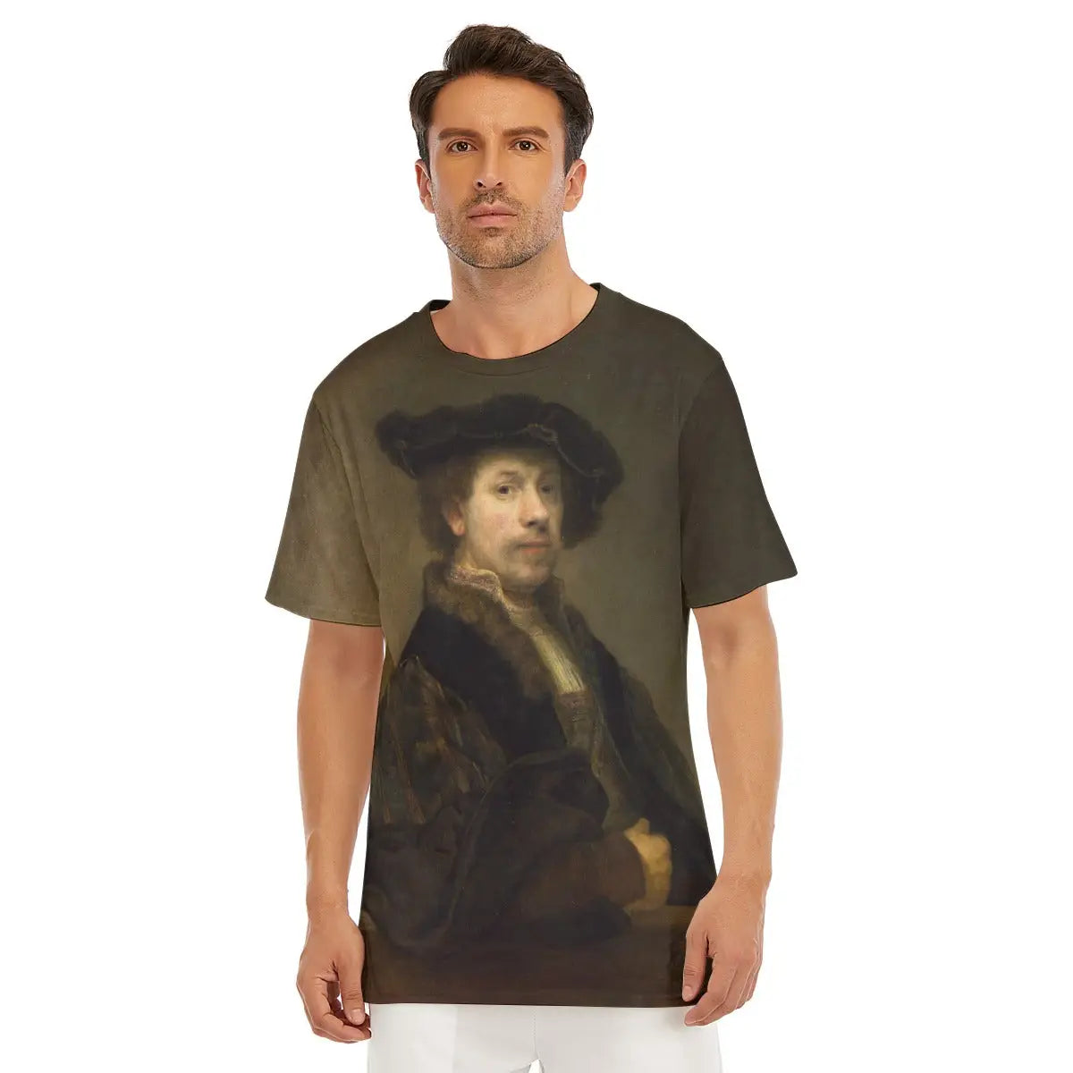 Male model wearing the Rembrandt Self-Portrait All-Over Print T-shirt showcasing the Dutch master's penetrating gaze and masterful use of light and shadow emerging from the mysterious darkness