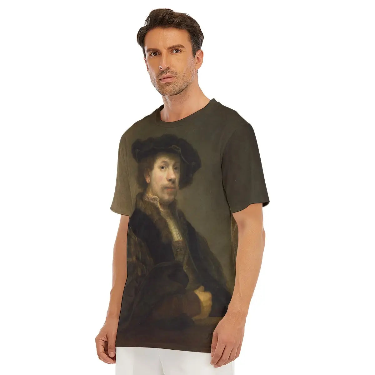 Close-up shot of the sleeve featuring detailed sections of Rembrandt's face with its remarkable play of light across the features, showcasing his unparalleled ability to capture human presence and character on comfortable breathable material