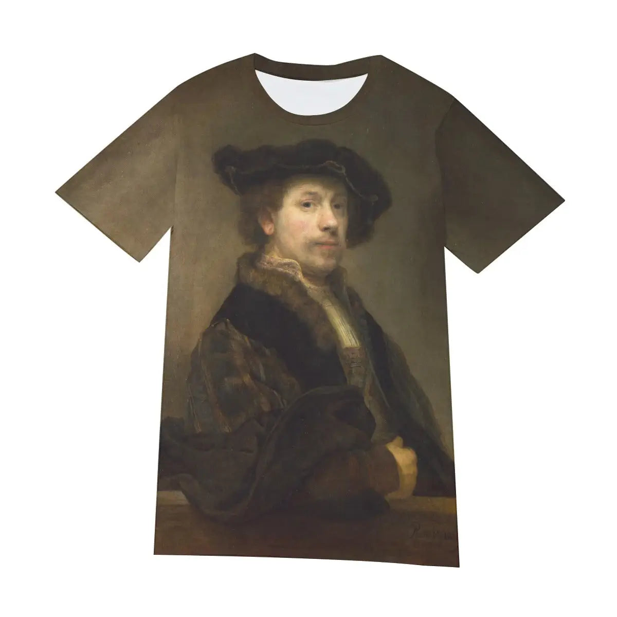 Front view of unisex Dutch Golden Age art T-shirt displaying the complete composition of Rembrandt's self-portrait, with its profound psychological intensity and technical brilliance creating a timeless statement about human introspection