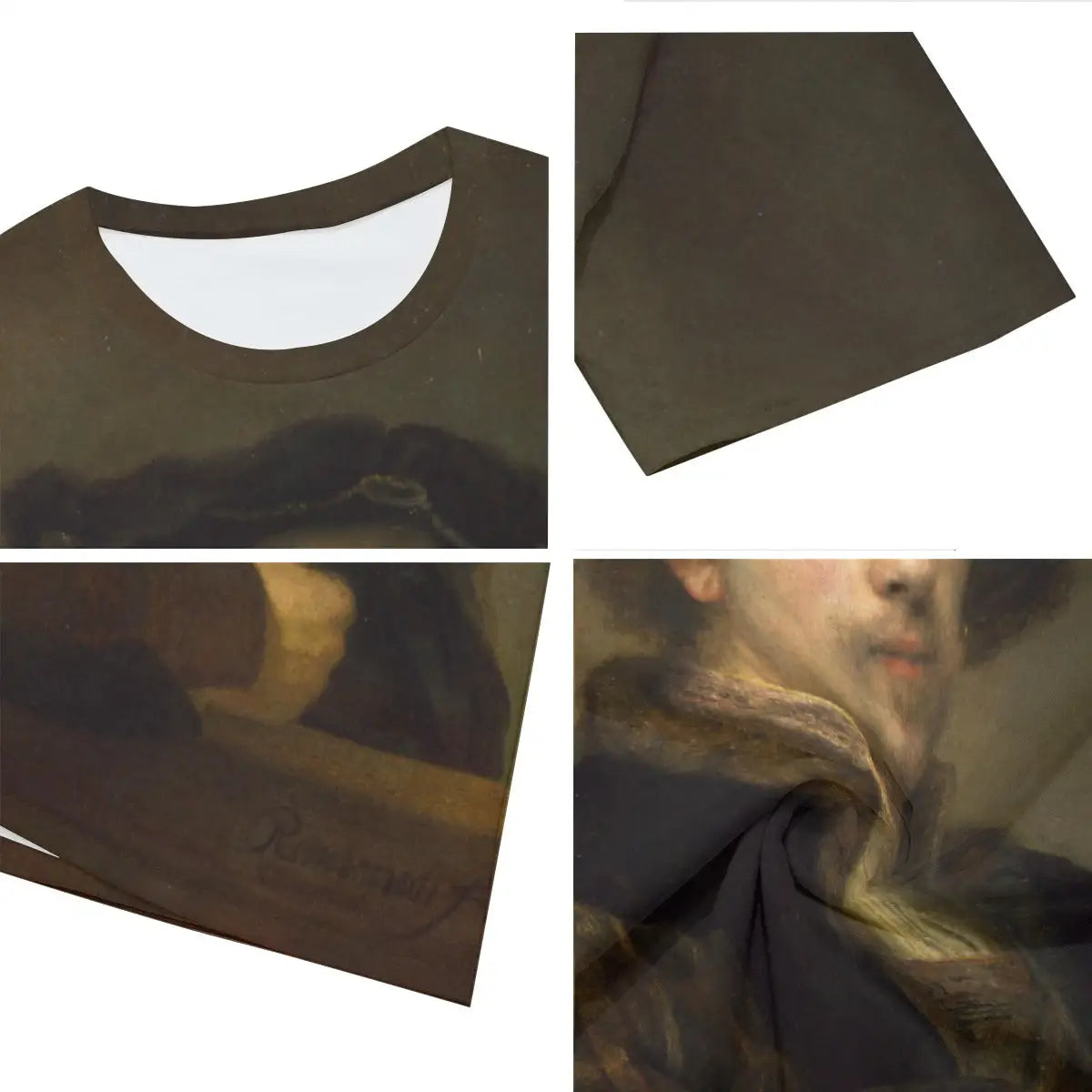 Close-up detail of high-quality printing on 100% cotton Rembrandt T-shirt, showcasing the meticulous reproduction of his extraordinary brushwork, from subtle highlights to bold impasto textures that defined his revolutionary technique