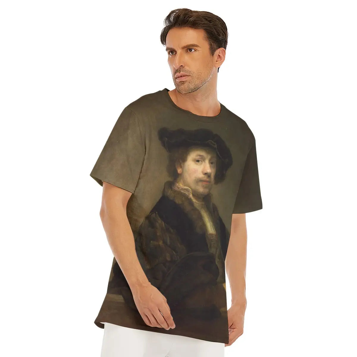 Rembrandt Self-Portrait T-shirt laid flat, displaying the entire Dutch Golden Age masterpiece, premium craftsmanship, and natural texture of the 100% cotton fabric that enhances the authentic quality of the reproduced artwork