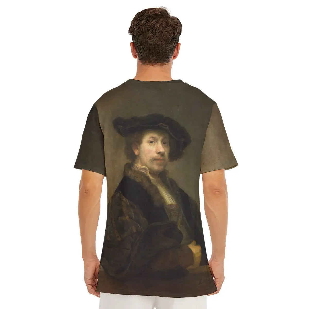 T-shirt featuring Rembrandt's iconic self-portrait, highlighting the classic round neckline and how the contemplative depth of the image creates a sophisticated contemporary fashion statement