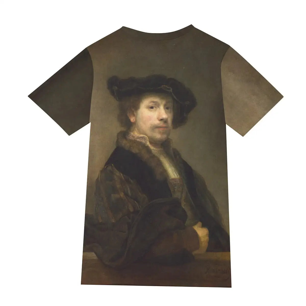 Back view of 190GSM cotton T-shirt showing the continuation of the rich, warm earth tones and dramatic chiaroscuro of Rembrandt's self-portrait, demonstrating the seamless print quality that captures the full emotional impact of this deeply personal artwork